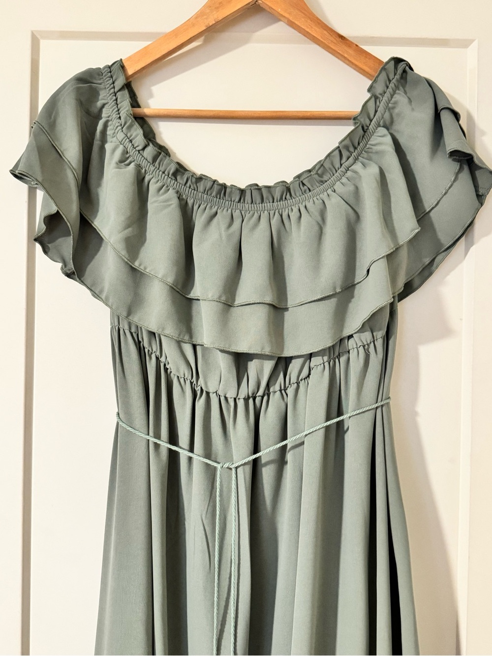 SHEIN Sage Green Off-Shoulder Ruffle Maxi Dress